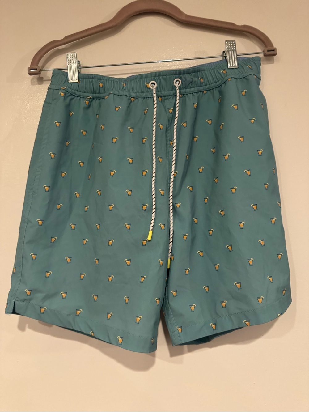 Bonobos Teal Swim Trunks Yellow Cocktail Drink Print 7" Inseam Small